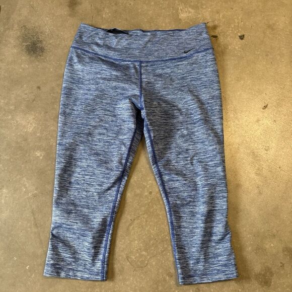 Nike Dri‎ Fit Cropped Legging Blue Stripe Heathered Workout Gym Running Large - Picture 1 of 11